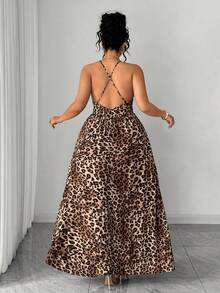 SHEIN Elenzya 女士性感深V交叉露背豹纹连衣裙，热带度假风/高腰吊带长裙，显瘦日常装 - 彩色 - 查看 2