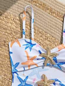 Tween Girl Starfish Print Cut-Out One Piece Swimsuit - Multicolor - View 4