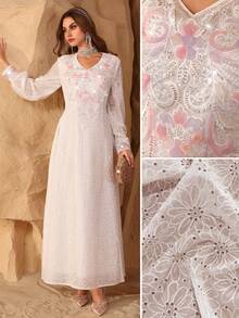 SHEIN Najma Sequin Embroidery Hollow Out Lace-Up Waist Long Sleeve Elegant Women Dress - White - View 11