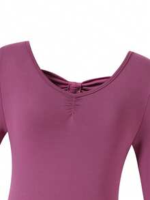 SHEIN 少女长袖粉色芭蕾舞裙，圆领前片褶皱设计，后背可爱蝴蝶结，柔软轻盈的网纱裙摆，裆部按扣设计，高弹亲肤，适合舞蹈、瑜伽和运动穿着。 - 中紫紅色 - 查看 6