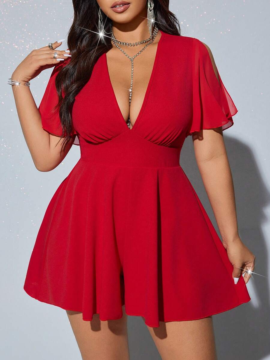 Viva Relle Bộ jumpsuit cỡ lớn, màu trơn, thanh lịch, cổ chữ V sâu, tay bồng, thích hợp cho mùa hè. - Đỏ - Xem 1