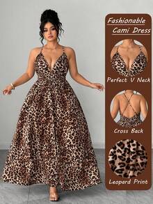 SHEIN Elenzya 女士性感深V交叉露背豹纹连衣裙，热带度假风/高腰吊带长裙，显瘦日常装 - 彩色 - 查看 1