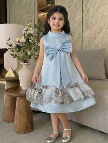 SHEIN Young Girl Woven Solid Color Bowknot Ruffle Hem Casual Dress, Young Girls - Blue - View 2