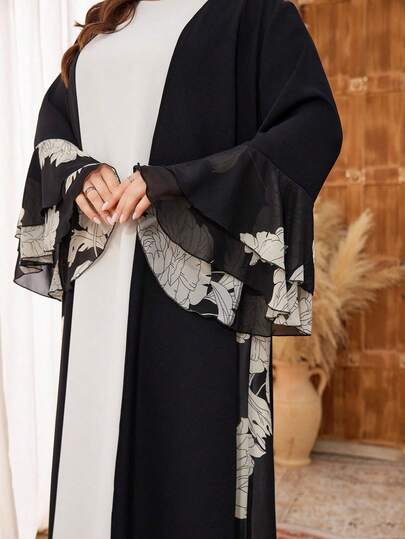 Al Najma 大码女式花卉雪纺拼接宽松浪漫优雅长袖阿巴雅长袍