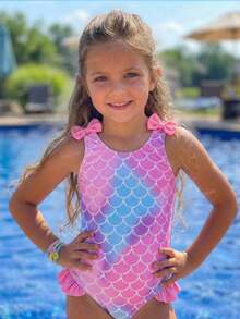 Emery Rose Kids Emery Rose Kids Young Girl Cute Fish Scale Random Print Ruffle Trim One-Piece Swimsuit, Summer Beach Holiday - Baby Pink - View 4