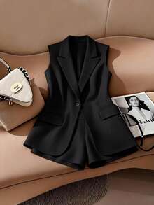 GlowEve CURVE Plus Size Elegant Sleeveless Blazer Jacket And Loose Shorts 2 Pieces Set - Black - View 1
