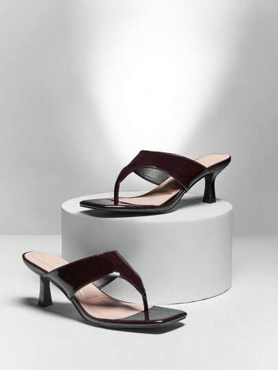 SHUZIA Women's Coffee Patent Square Toe Toe-Post Low Heel Mule Sandals – Sleek, Minimal & Comfortable