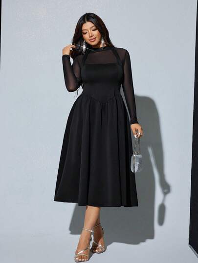 Viva Relle Plus Size Sexy Bowknot Mesh Patchwork Dress