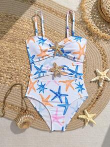Tween Girl Starfish Print Cut-Out One Piece Swimsuit - Multicolor - View 1