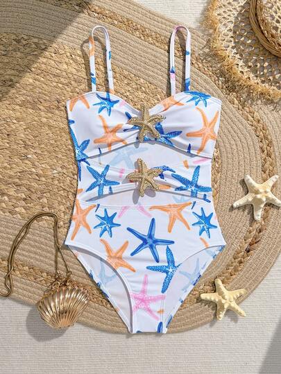 Tween Girl Starfish Print Cut-Out One Piece Swimsuit