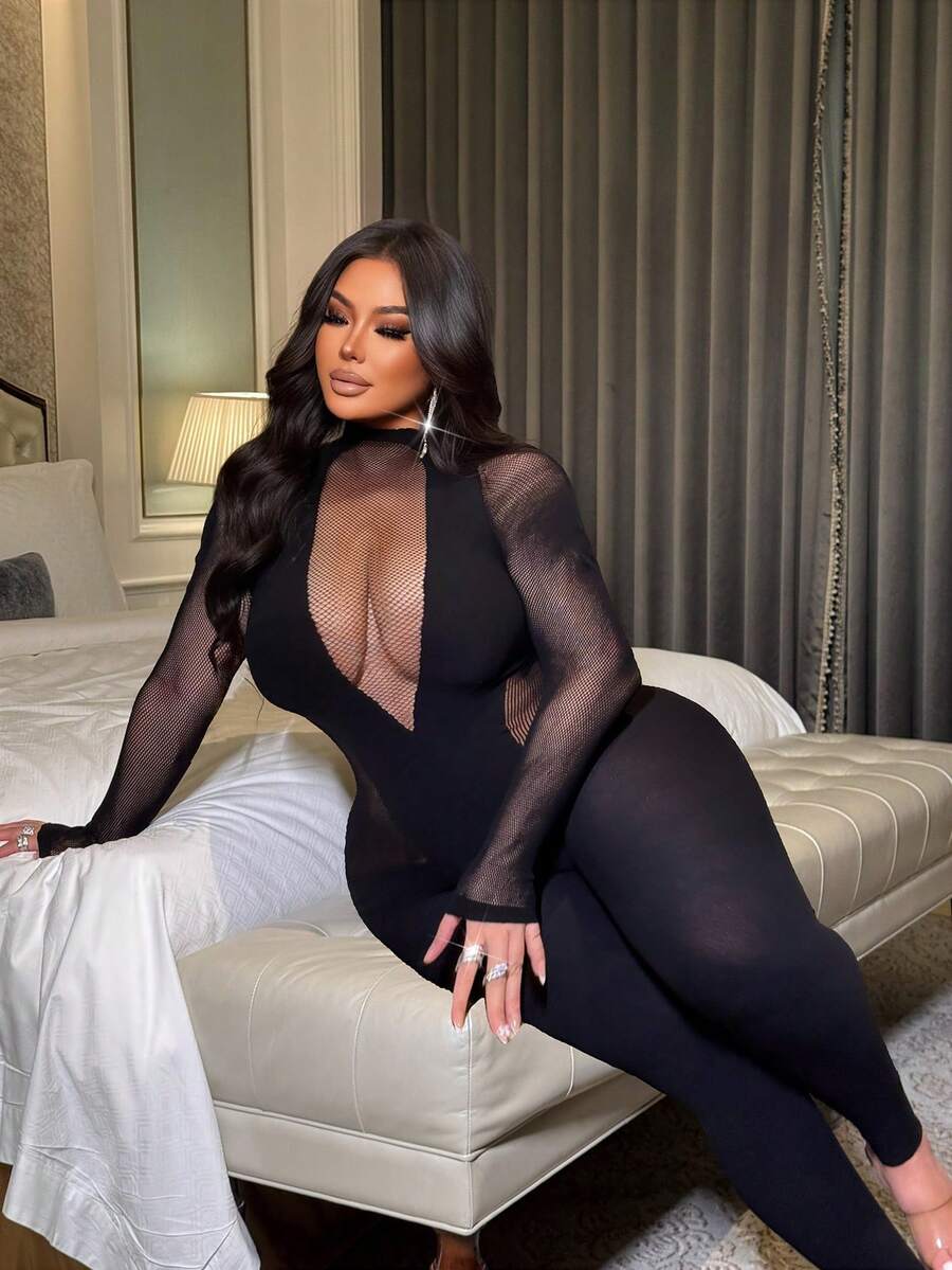 NU&NOW Mono sexy negro transparente para mujer de talla grande - Negro - Ver 1