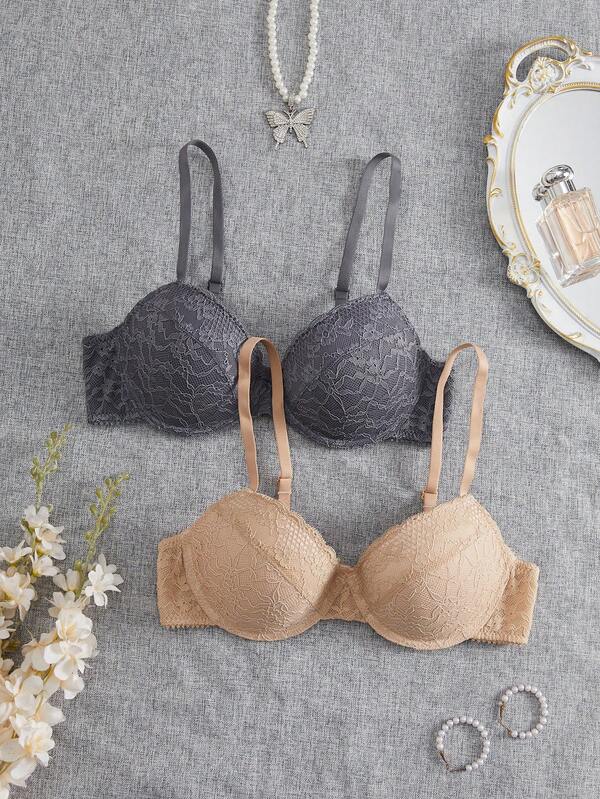 DesireSculpt 2pcs Floral Lace Regular Comfortable Underwire Bras For Women
