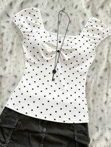 Teen GirlBlack Polka Dot Versatile Casual Short Sleeve Top, Spring/Summer - Black and White - View 1