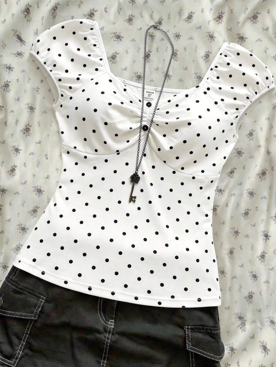 Teen GirlBlack Polka Dot Versatile Casual Short Sleeve Top, Spring/Summer - Black and White - View 1