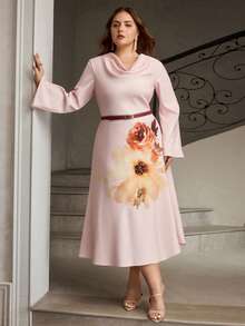 ZEYLAH 优雅的摇领印花喇叭袖连衣裙 - 粉色 - 查看 6