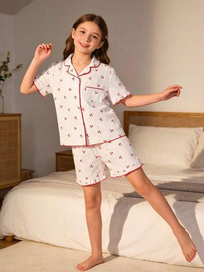 Tween Girls' Elegant Cherry Pattern Textured Collared Ruffle Trim Short Sleeve Shorts Pajama Set