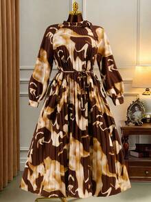 GlowEve 优雅棕色多色中长连衣裙，褶裥设计，超长袖，棕色连衣裙，奢华连衣裙，大地色系连衣裙，迷彩连衣裙 - 彩色 - 查看 1