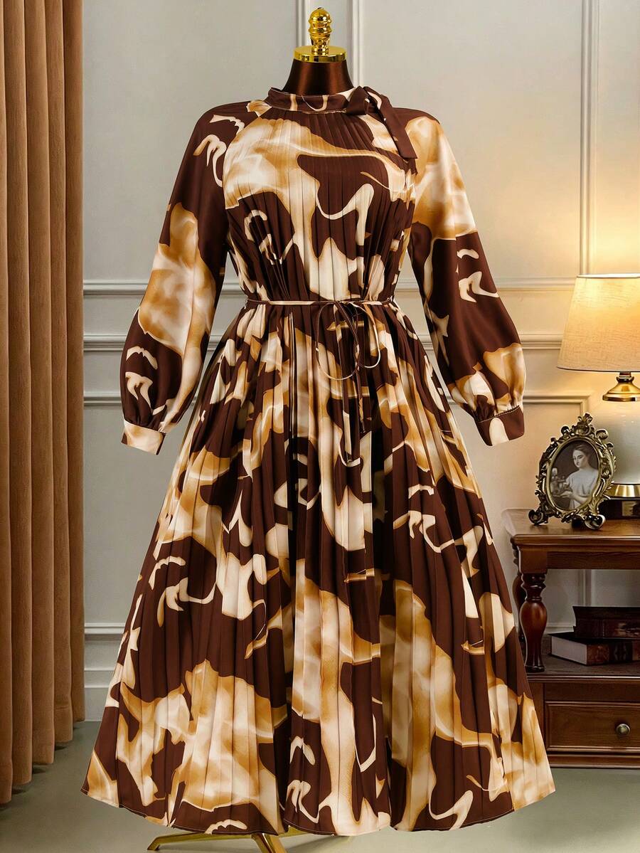 GlowEve 优雅棕色多色中长连衣裙，褶裥设计，超长袖，棕色连衣裙，奢华连衣裙，大地色系连衣裙，迷彩连衣裙 - 彩色 - 查看 1