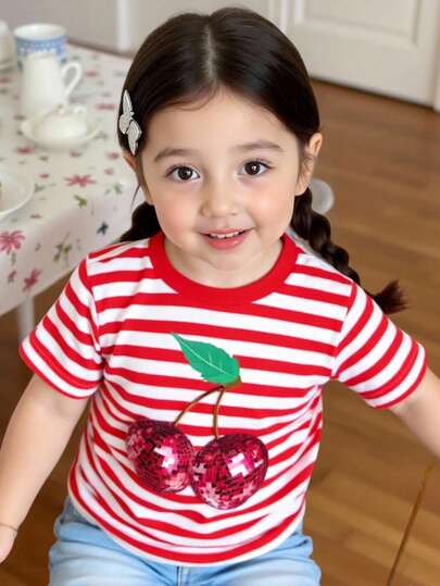 SHEIN Playful Pals Baby Girls' Fashionable Casual Versatile Comfortable Round Neck Short Sleeve T-Shirt, Cute Striped & Cherry Print Design, Lightweight & Breathable, Suitable For Spring/Summer Casual Wear, Outdoor, School, Party, Gift