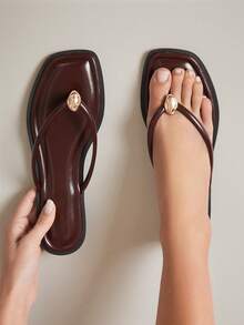 SHUZIA #QuietLuxury Women's Square Toe Gold-Accent Minimalist Rolled-Edge Soft-Cushion Pu Coffee Flip-Flops – Refined, Clean & Effortlessly Chic - Coffee Brown - View 2