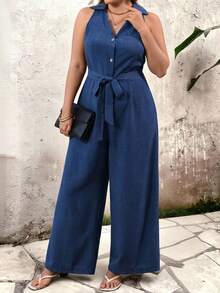 EMERY ROSE 优雅夏季通勤连体裤，适合大码女性，包括大码牛仔连体裤、蓝色牛仔连体裤、无袖连体裤、度假连体裤、宝蓝色连体裤、系带连体裤等。 - 藍色 - 查看 3