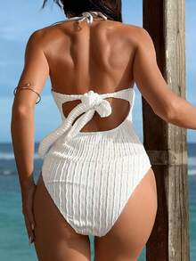 Swim SXY New Women's Rigid Cup Steel Bra Asymmetric Rhinestone Embellished One-Piece Swimsuit - White - View 8