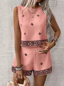 EMERY ROSE Graphic Print Round Neck Tank Top And Shorts Casual Vacation 2 Pieces Set - Pink - View 7