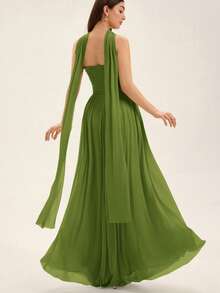 Revavyn Twist Decor 带腰带的无肩带雪纺长裙 - 綠色 - 查看 2