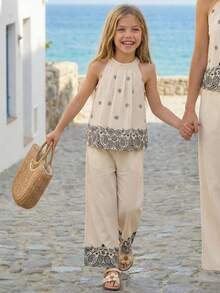 SHEIN 两件套少女碎花无袖上衣和长裤套装 - 米色 - 查看 4