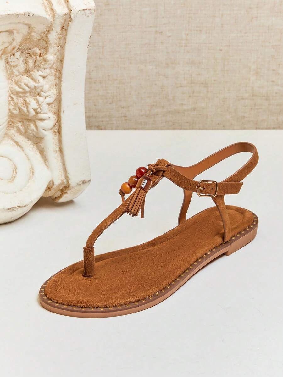 SHUZIA Women Comfy Vacation Casual Colorful Beads Decor Ankle Strap Flat Sandals - Maroon - View 1