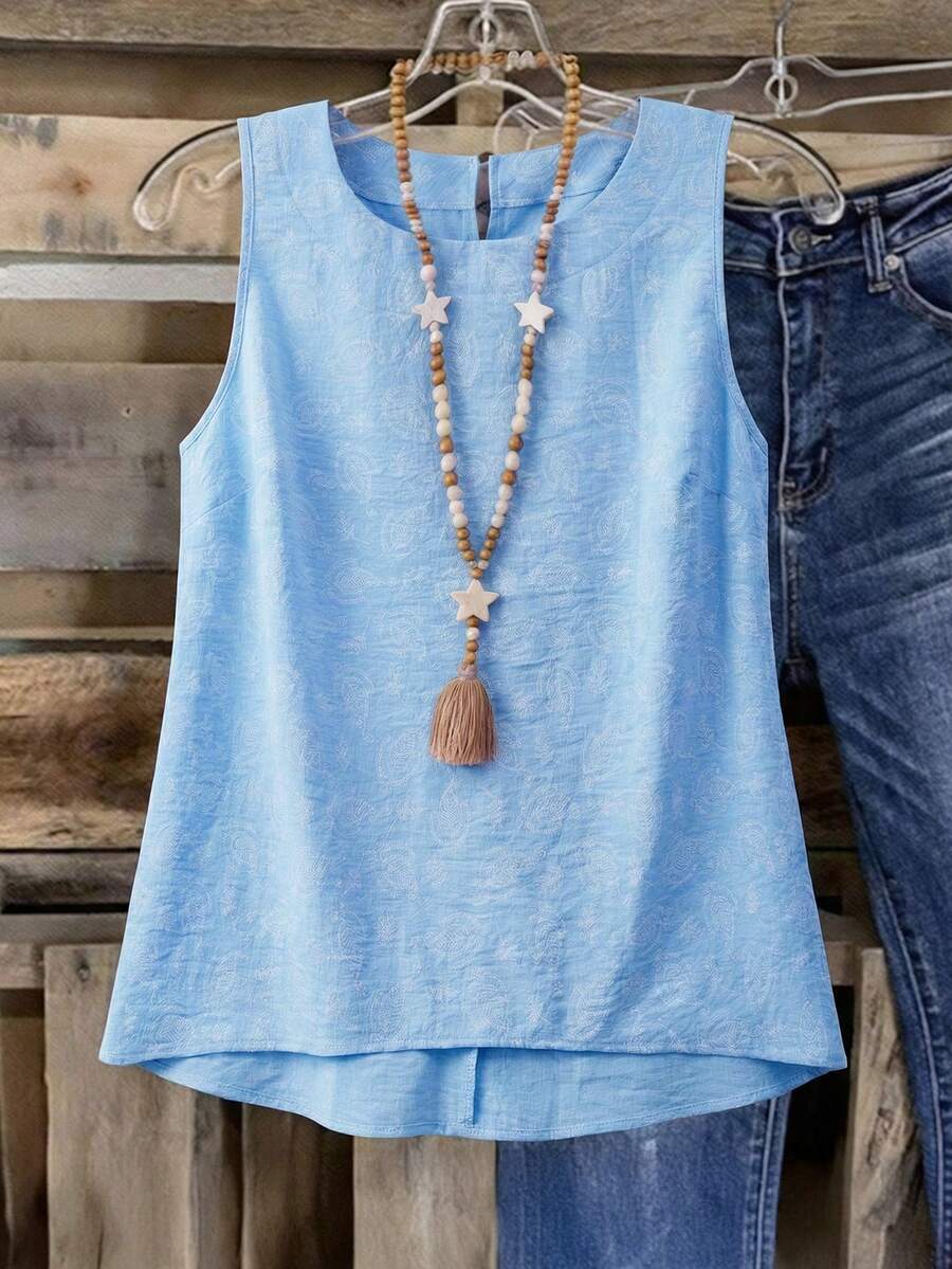 SHEIN LUNE CURVE Camisa holgada sin mangas para mujer de talla grande - Azul - Ver 1