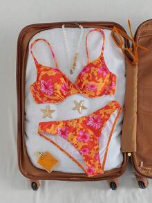 Swim Vcay Floral Ruched Halter Bikini Set, Sexy For Summer Vacation - Multicolor - View 2