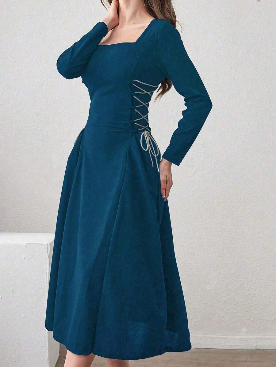 Modelyn Women's Spring/Summer Blue Knit Long Sleeve Square Neck Tie Waist A-Line Elegant Dress - Blue - View 1