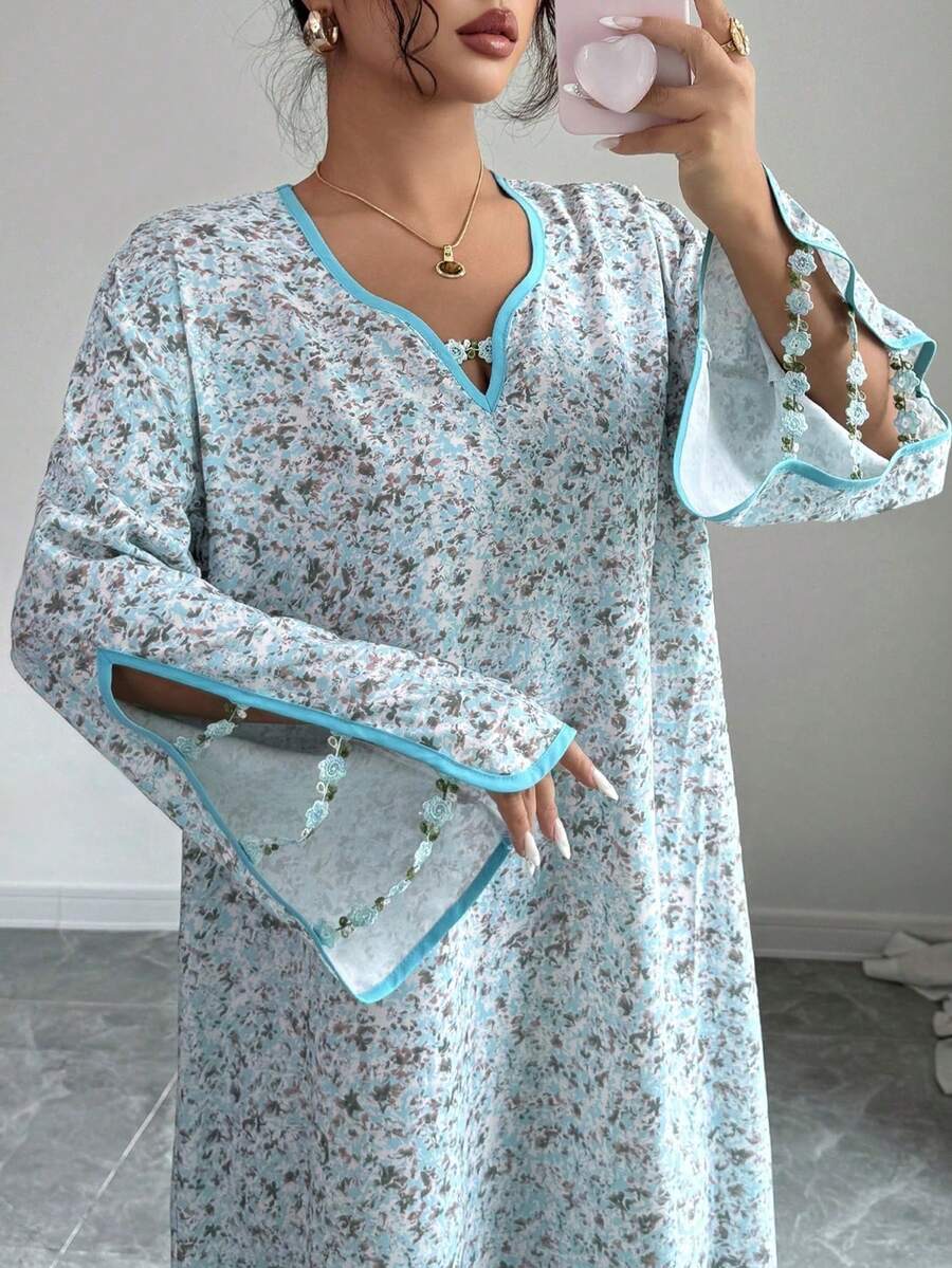 Yasmyna 女士梭织印花V领撞色袖口及下摆开衩连衣裙,宽松阿拉伯风格 - 藍色 - 查看 1
