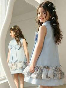 SHEIN Young Girl Woven Solid Color Bowknot Ruffle Hem Casual Dress, Young Girls - Blue - View 4