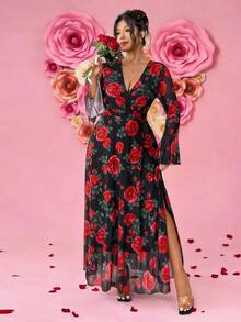 Elenzga Đầm Valentine cỡ lớn dành cho nữ, thanh lịch, cổ chữ V, hai lớp, tay bồng, xẻ cao, họa tiết hoa hồng, thích hợp cho buổi hẹn hò lãng mạn ngày Valentine. - Nhiều màu - Xem 3