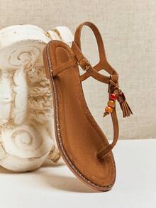SHUZIA Women Comfy Vacation Casual Colorful Beads Decor Ankle Strap Flat Sandals - Maroon - View 6
