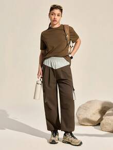 SHEIN Sports Women's Contrast Color Elastic Waist Cargo Pocket Drawstring Outdoor Pants - Brown - View 4