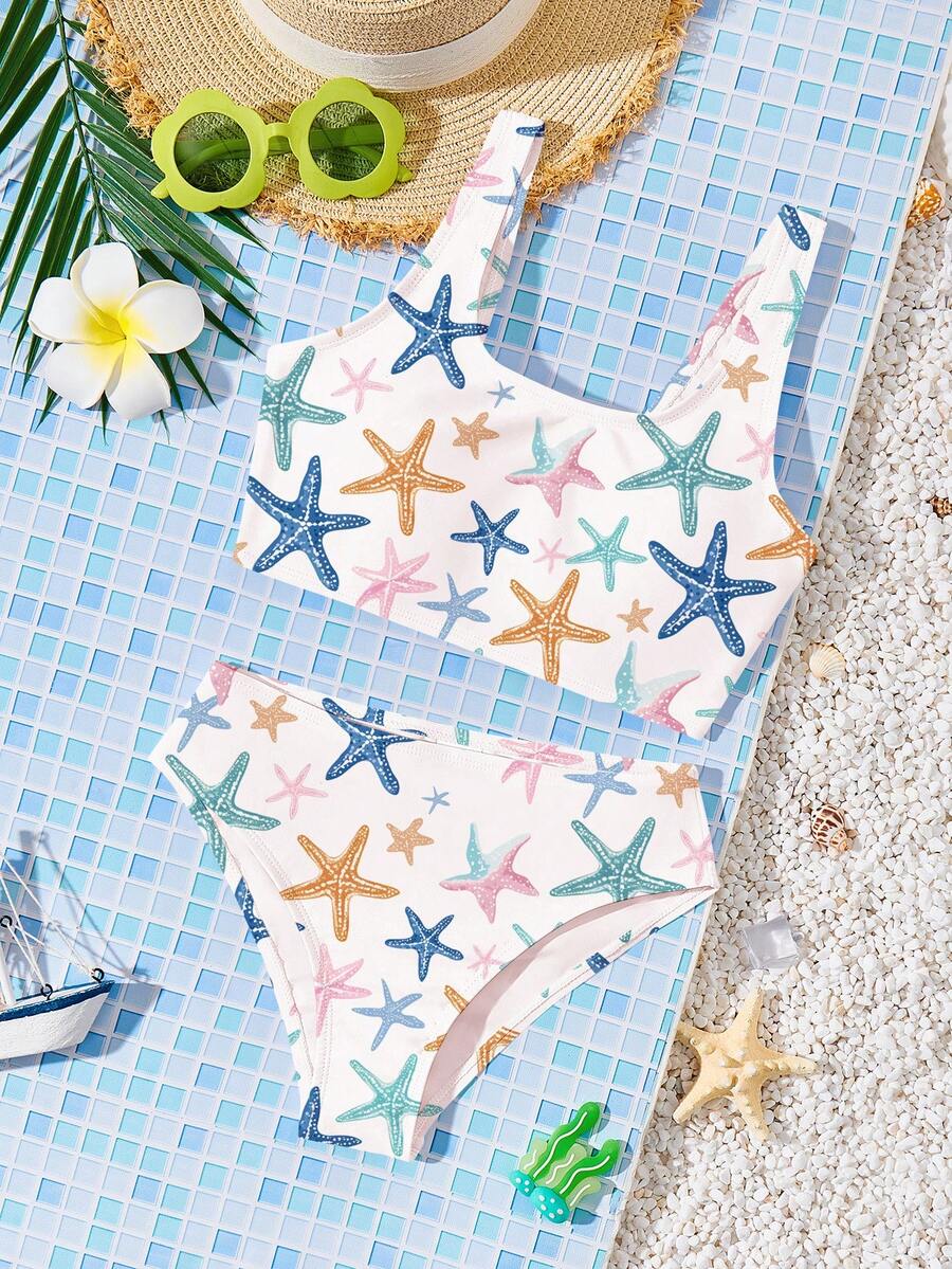 Tween Girls Casual Minimalist Camisole & Triangle Bikini Swimsuit Set, Suitable For Summer - Multicolor - View 1