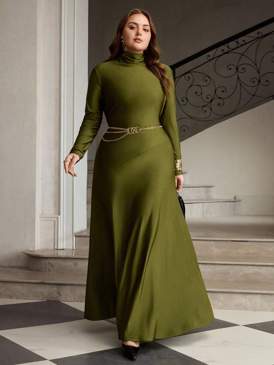 ZEYLAH Turtleneck Knit Minimalist Long Sleeve Fitted Dress - Army Green - View 1