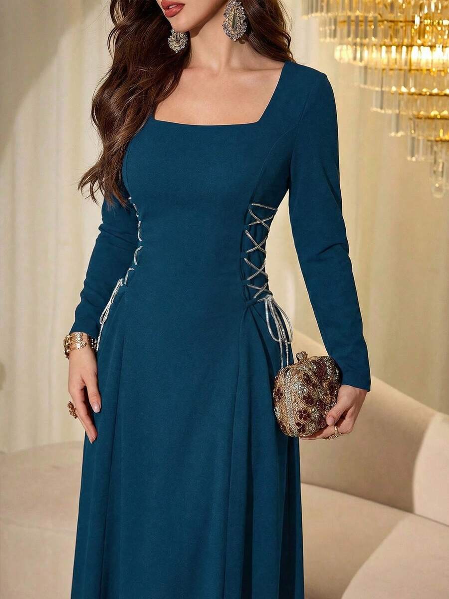 Modelyn 女士春夏蓝色针织长袖方领系腰A字优雅连衣裙 - 藍色 - 查看 1