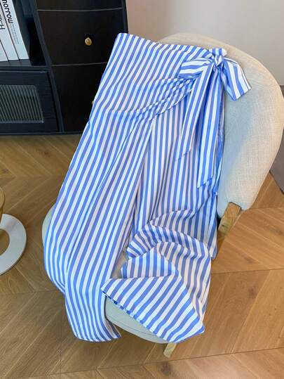 GlowEve CURVE Plus Size Casual Blue Striped Asymmetric Side Tie Pants