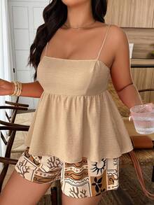 Weeklong 大码女式两件套印花撞色亚麻质感宽松休闲度假套装，春夏款 - 彩色 - 查看 3