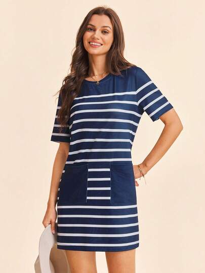 Coeurva Vestido casual, elegante y cómodo con estampado de rayas para mujer, vestido azul para primavera/verano, deportes y vacaciones
