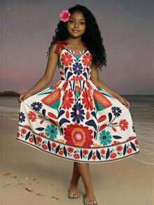 Tween Girls Elegant Pink Dress, Rose Flower Print Spaghetti Strap Ruffle Hem Bow Shoulder A-Line Dress, Suitable For Vacation, School, Outings, Spring/Summer - Multicolor - View 3