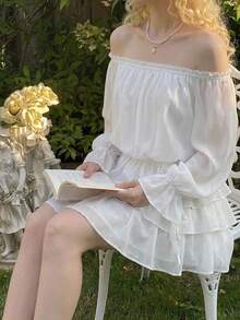 SHEIN MOD 女士优雅露肩荷叶边袖口上衣 - 白色 - 查看 3