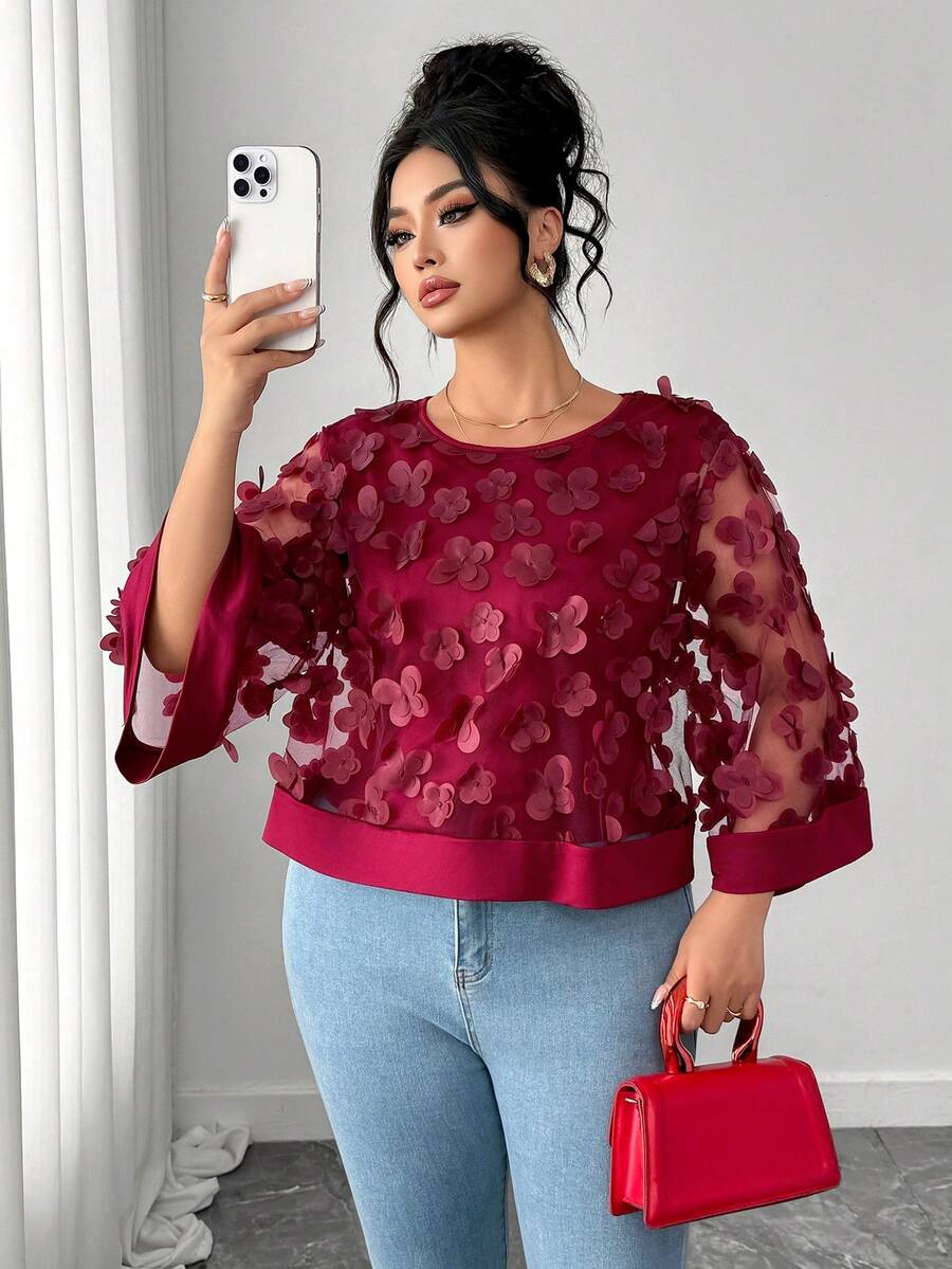 Elenzga Plus Size Women's Fashionable Delicate 3D Floral Sheer Poncho Top, Spring/Summer - Red Violet - View 1