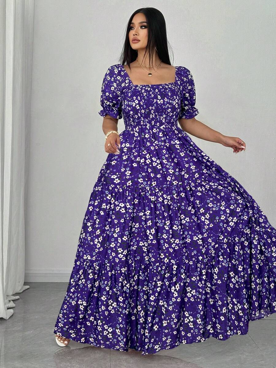 Elenzga Plus Size Summer Casual Ditsy Floral Square Neck Puff Sleeve Dress - Purple - View 1