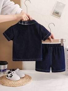 SHEIN Playful Pals Baby Boys' Denim Blue & Plaid Patchwork Short Sleeve Casual Shirt With Denim Shorts Set,Navy Blue,Summer,Casual,Family Matching Outings Birthday Party - Blue - View 2
