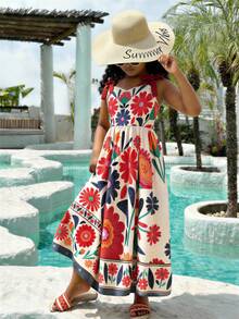 Tween Girls Elegant Pink Dress, Rose Flower Print Spaghetti Strap Ruffle Hem Bow Shoulder A-Line Dress, Suitable For Vacation, School, Outings, Spring/Summer - Multicolor - View 2